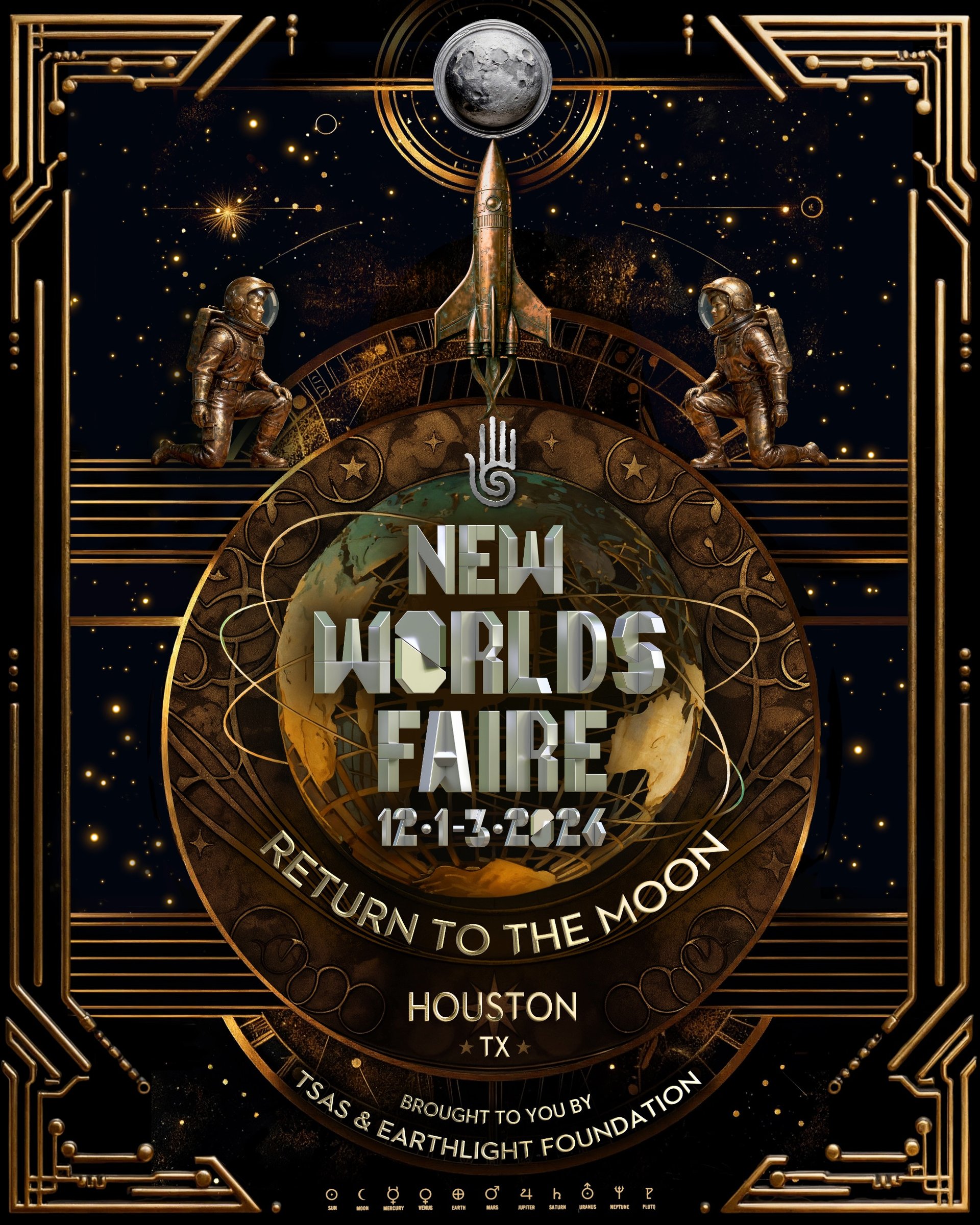 New Worlds Faire 2026 — Return to the Moon — December 1–3, Houston TX. Official event poster.